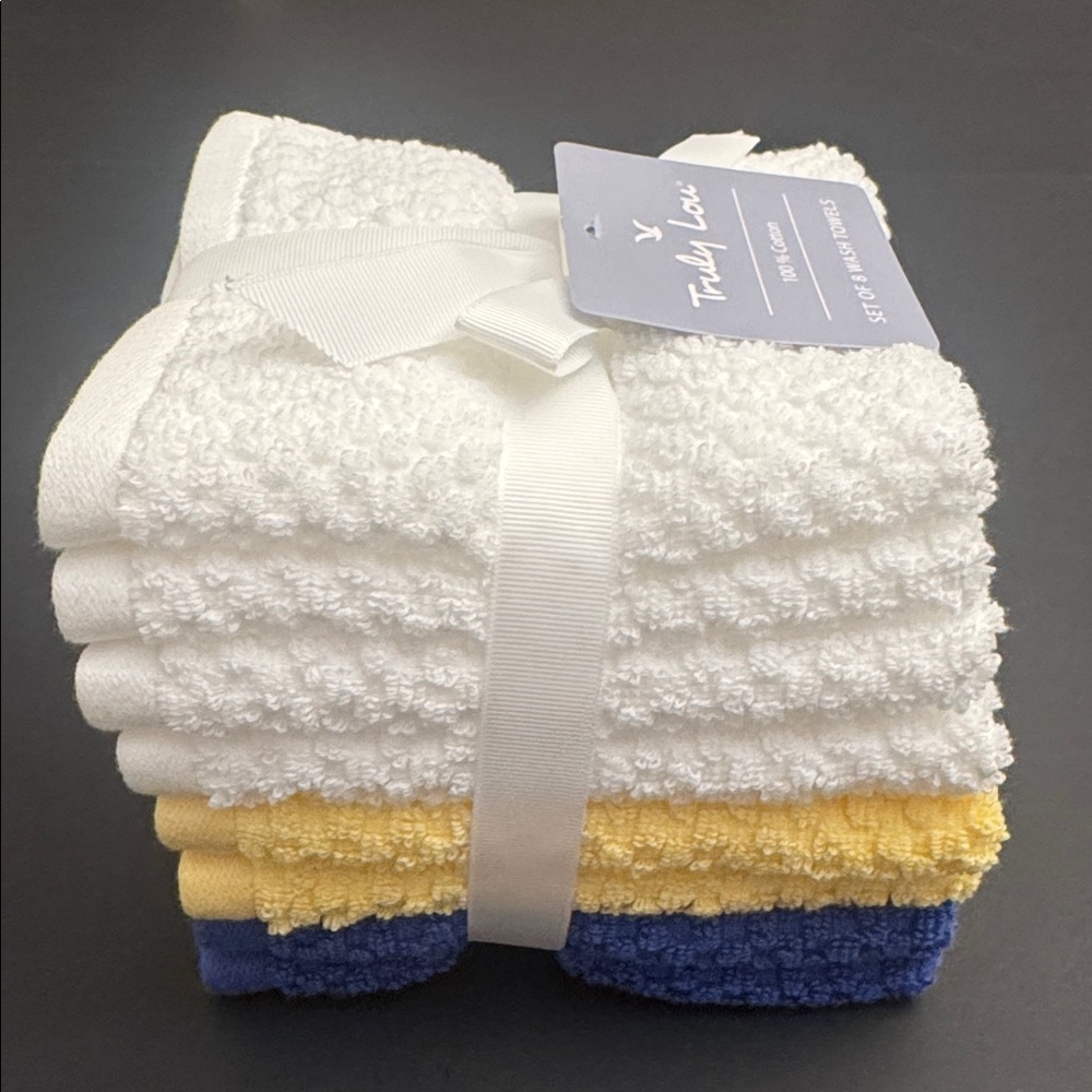 8pc TRULY LOU 100% Cotton Bath Wash Towel Set- LG Pique -White/Yellow/Cabanablue - Picture 5 of 6